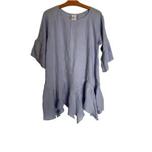 Match Point Linen Tunic Top Blue Ruffle Hem Lagenlook Boho Cottagecore USA S